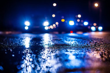 Büyük şehirde yağmurlu bir gece, parlak vitrinleri olan bir cadde. 