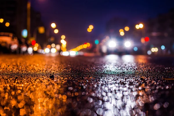 Rainy night in the big city, the empty road with lanterns.