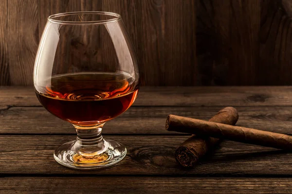 Glass Brandy Two Different Cuban Cigars Old Wooden Table — Stock Photo, Image