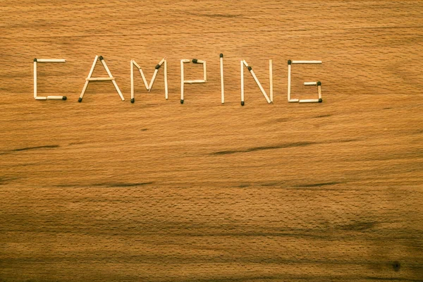 Matches Wooden Table Matches Form Word Camping — Stock Photo, Image