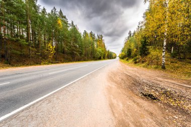 Sonbahar banliyö otoyolu. Yolun kenarından manzara.