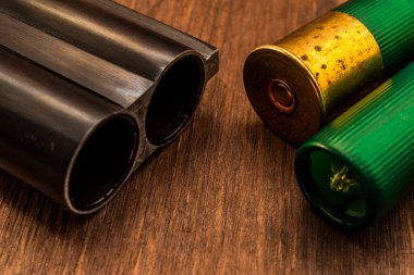 Çift namlulu av tüfeği namlusu ve yeşil fişek. Görüntüyü kapat