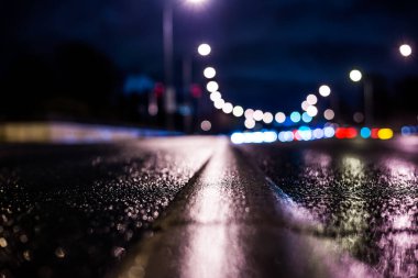 Büyük şehirde yağmurlu bir gece, ormandan geçen otoban.