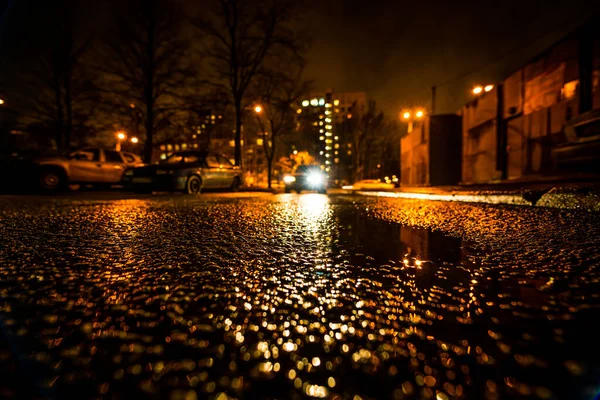 Nuit Pluvieuse Dans Grande Ville Voitures Voyageant Sur Autoroute Humide — Photo