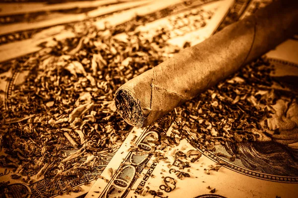 Cuban cigar and tobacco leaves lie scattered on the dollar bills