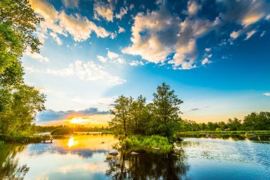Ormandaki sessiz göl batan güneşin ışığı altında.