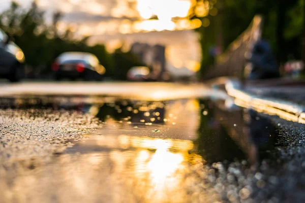 Soleil Après Pluie Dans Ville Vue Sur Les Voitures Avec — Photo