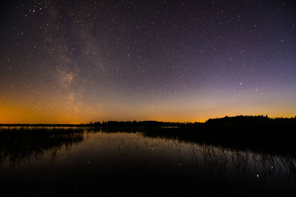 Звезды и Млечный Путь в небе над озером