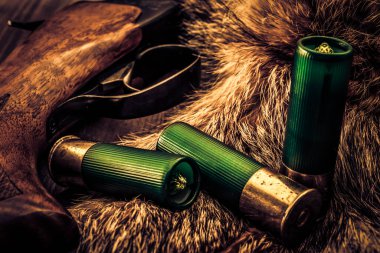 Hayvanın kürkünün yanında duran av tüfeği üretimi ve yeşil 