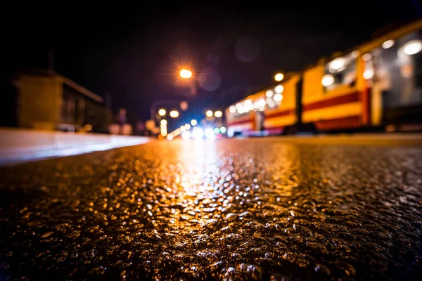 Night City Rain Cars Tram Driving Road —  Fotos de Stock