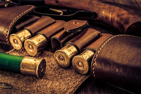 Jakt Ammunition Gauge Läder Bandolier Och Hagelgevär — Stockfoto
