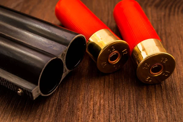 Double Barreled Shotgun Barrel Two Red Cartridges Closeup — Foto de Stock