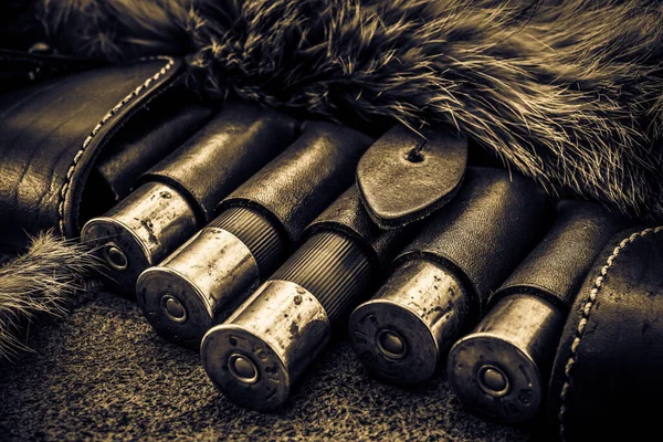 Caliber Bullets Leather Hunting Bandolier Lying Fur — 图库照片
