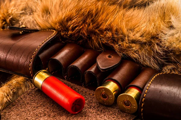 Caliber Bullets Leather Hunting Bandolier Lying Fur — Foto de Stock