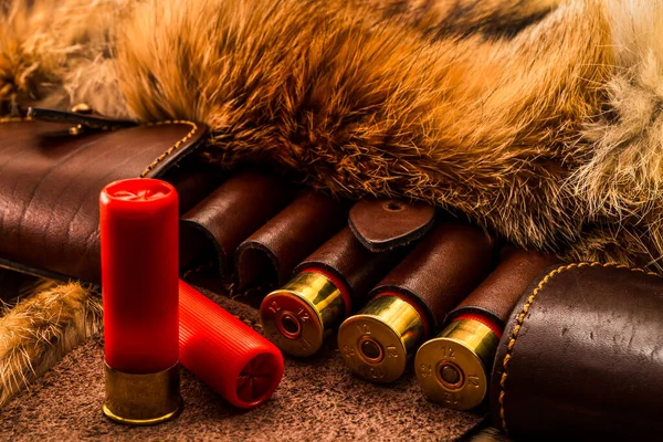 Caliber Bullets Leather Hunting Bandolier Lying Fur — 图库照片