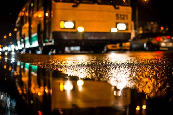 Rainy Night Big City City Bus Comes Halt View — 图库照片