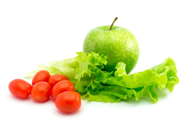Wet Lettuce Green Apple Cherry Tomatoes Isolated — Stock Photo, Image