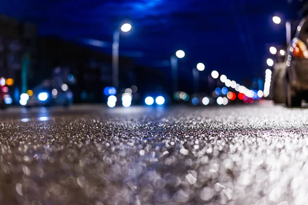 Night city after rain, close up view from asphalt level
