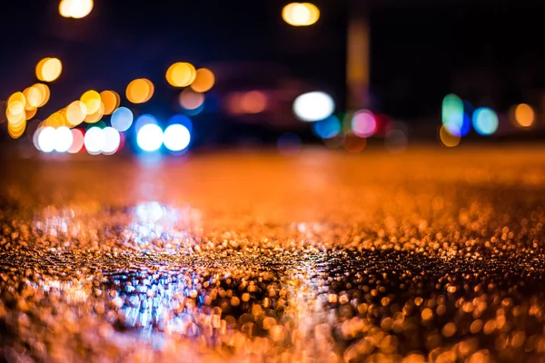Nacht Stad Regen Auto Gaat Weg Zicht Vanaf Het Niveau — Stockfoto