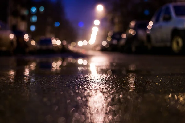 Notte Nebbiosa Piovosa Città Strada Con Auto — Foto Stock