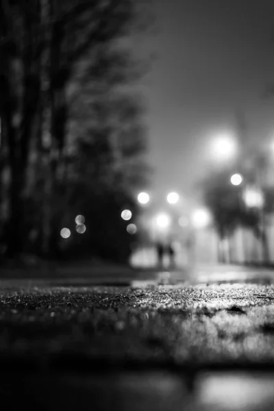 ถนนไนท โคมไฟในหมอกหล งฝนตกและโซฟา — ภาพถ่ายสต็อก
