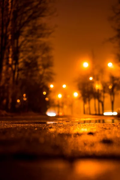 Allée Nocturne Avec Des Lanternes Dans Brouillard Après Pluie Vue — Photo