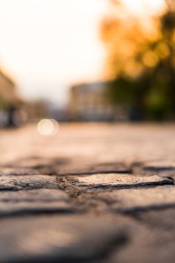 Şehir caddesi taşla kaplı, yaklaşan ışıklarla parlıyor. 