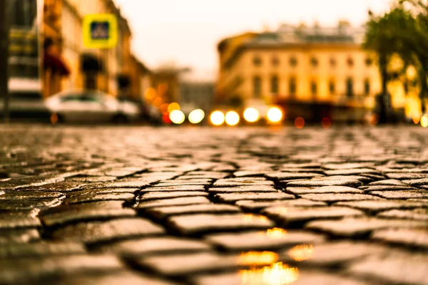 Hauptplatz Der Stadt Nach Einem Regen Mit Steinen Gepflastert Scheinwerfer — Stockfoto