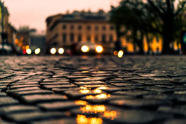 Place Centrale Pavée Pierre Après Une Pluie Phares — Photo