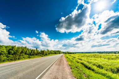 Kırsal yol tarlalardan ve ağaçlardan geçiyor.