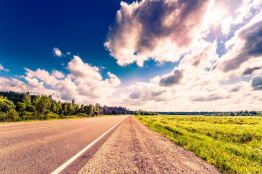 Kırsal yol tarlalardan ve ağaçlardan geçiyor.