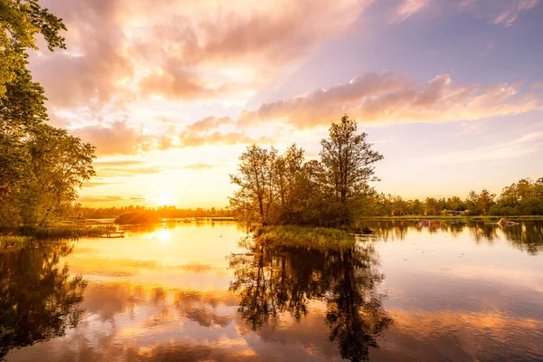 Tranquillo Lago Nella Foresta Alla Luce Del Sole Tramonto — Foto Stock