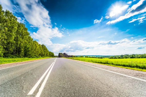 Kırsal yol, güneş ışığıyla aydınlatılmış tarlalardan ve ormanlardan geçiyor. Yoldan görüntüle