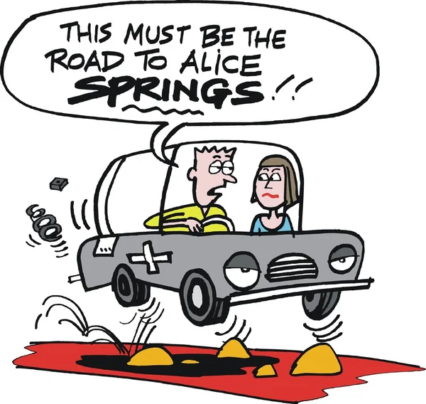 Caricatura vectorial de una pareja conduciendo un coche viejo en el interior australiano cerca de Alice Springs — Archivo Imágenes Vectoriales