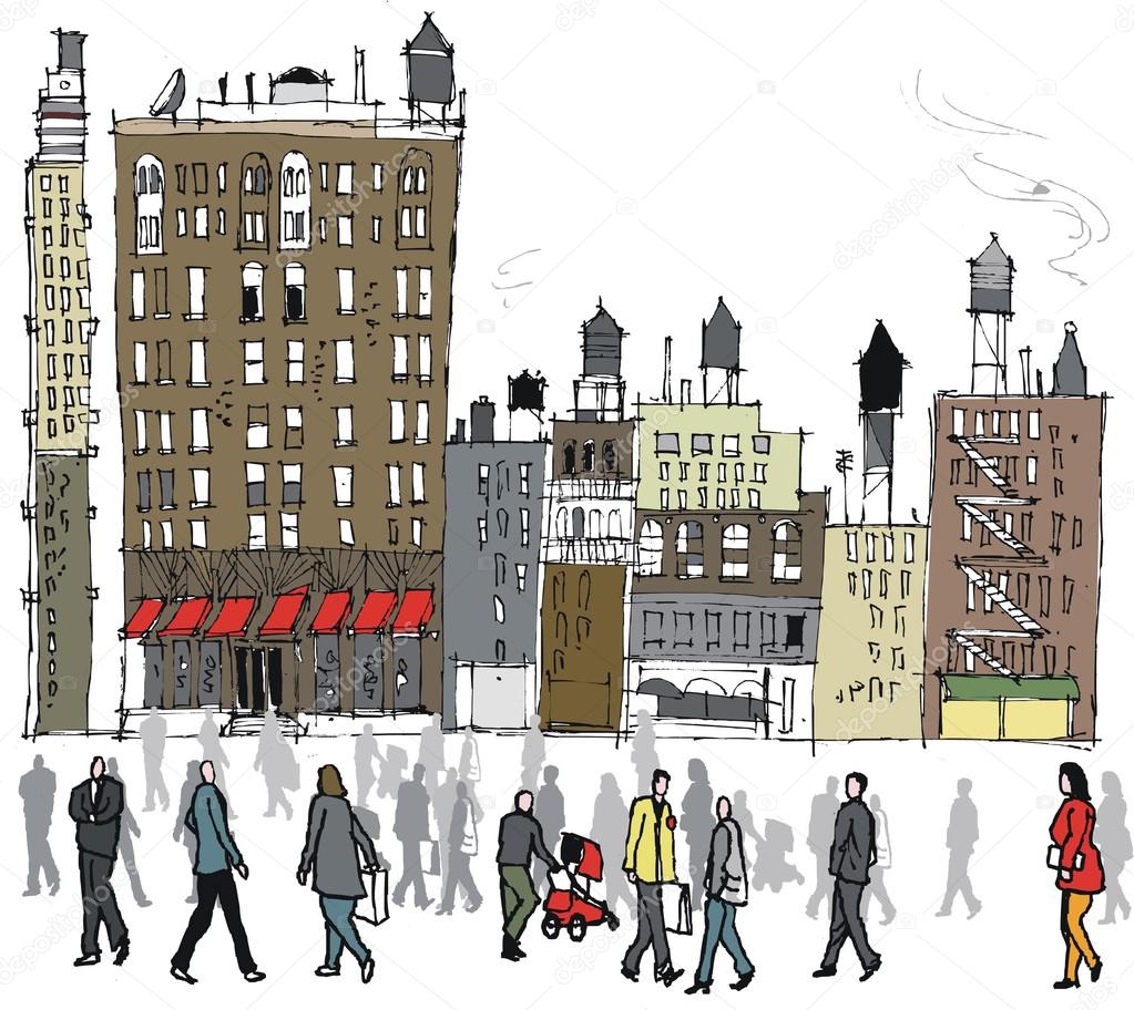 Vector illustration of New York buildings and pedestrians.