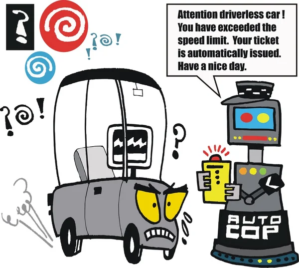 ロボット交通警察によって予約されている無人の車のベクトルの漫画 — ストックベクタ