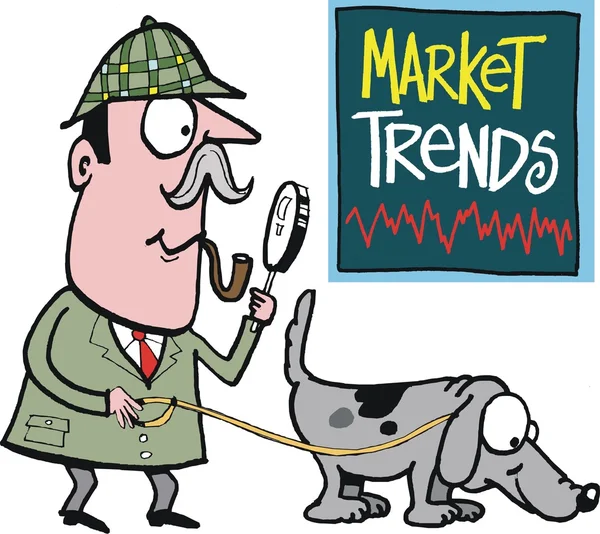 Caricatura detective caza mercado tendencias . — Archivo Imágenes Vectoriales