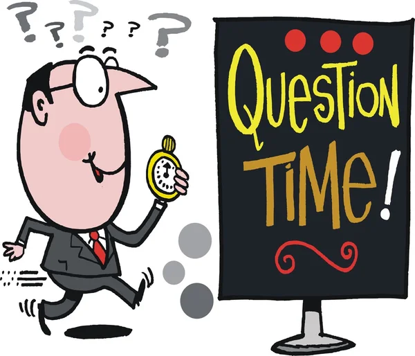 Cartoon businessman with clock and question marks — Stock Vector