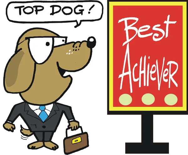 Vector cartoon van smiling hond het dragen van een pak en stropdas, met prikbord zeggen beste achiever. — Stockvector