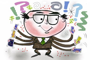Cartoon of smiling business man with many arms doing different tasks at same time. clipart