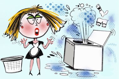 Cartoon of annoyed housewife with faulty washing machine clipart