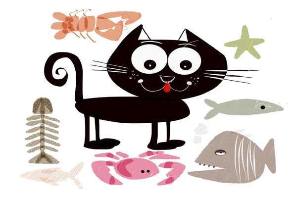 Dibujos animados de gato negro mirando satisfecho después de la comida de mariscos —  Fotos de Stock