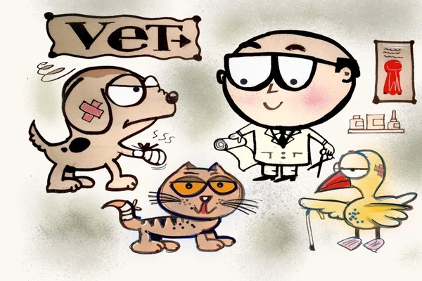 けがをした動物の世話を手伝って親切の獣医漫画. — ストック写真