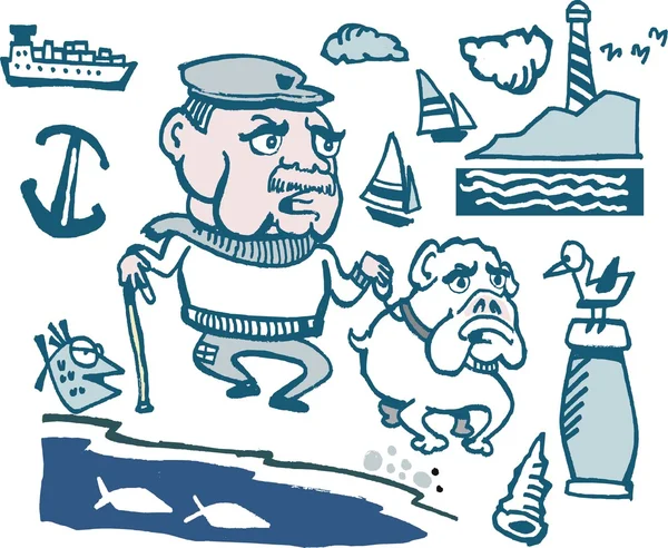 Мультфильм о человеке, гуляющем с собакой у моря — стоковый вектор