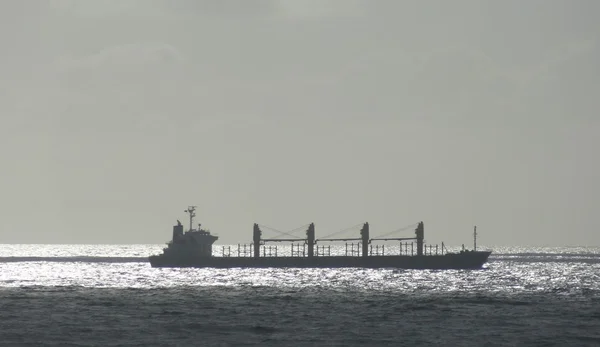 Container ship silhouette on sunlit sea, Queensland Australia