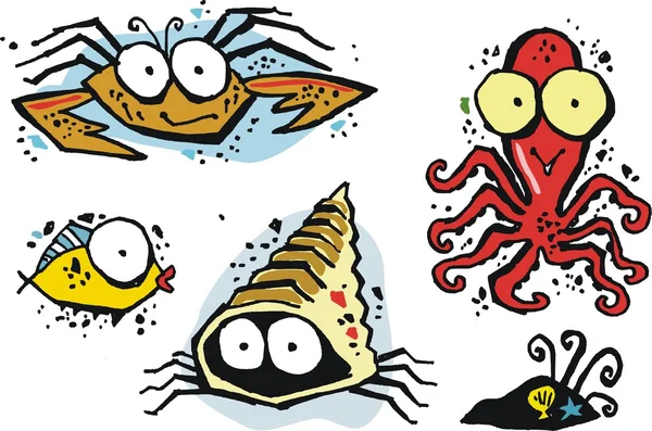 Desenhos animados de criaturas subaquáticas engraçadas mostrando caranguejo, concha, peixe e polvo . — Vetor de Stock