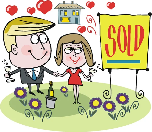 Desenhos animados vetoriais de homem feliz e mulher comemorando com champanhe após a venda da casa . —  Vetores de Stock