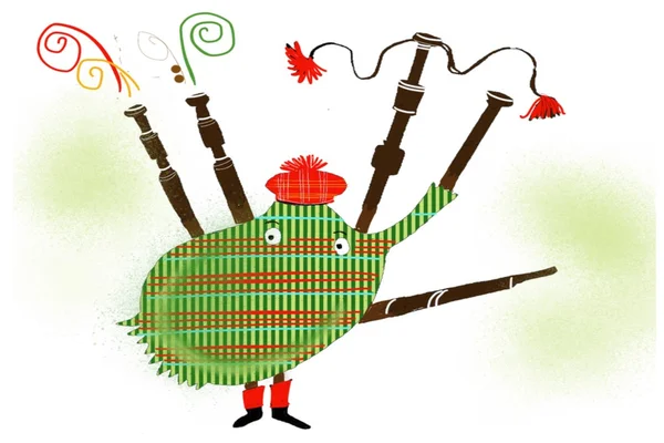 Cartone animato di divertente cornamusa creatura con tartan scozzese e tubi . — Foto Stock