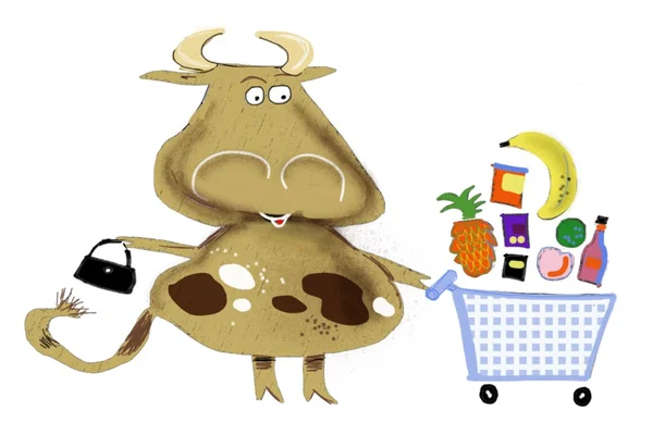 Cartoon of large brown cow with supermarket trolley and groceries. — Stock Photo, Image