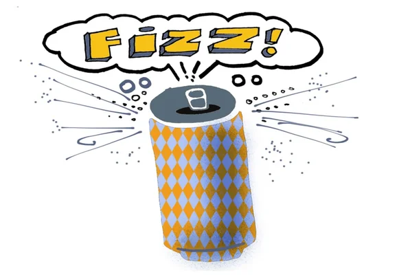 Cartoon showing soda pop can with fizz lettering in comic style. — Stock Photo, Image